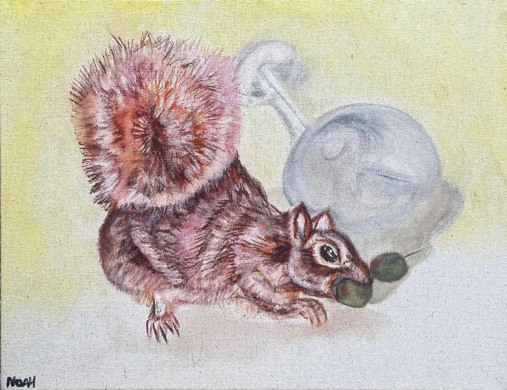 “Extra Dirty Squirrel”
Watercolor on unprimed canvas by Noah. 
11x14”