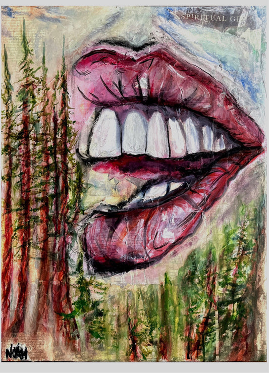 “With Love, from the Woods.” Mixed media on canvas by Noah.